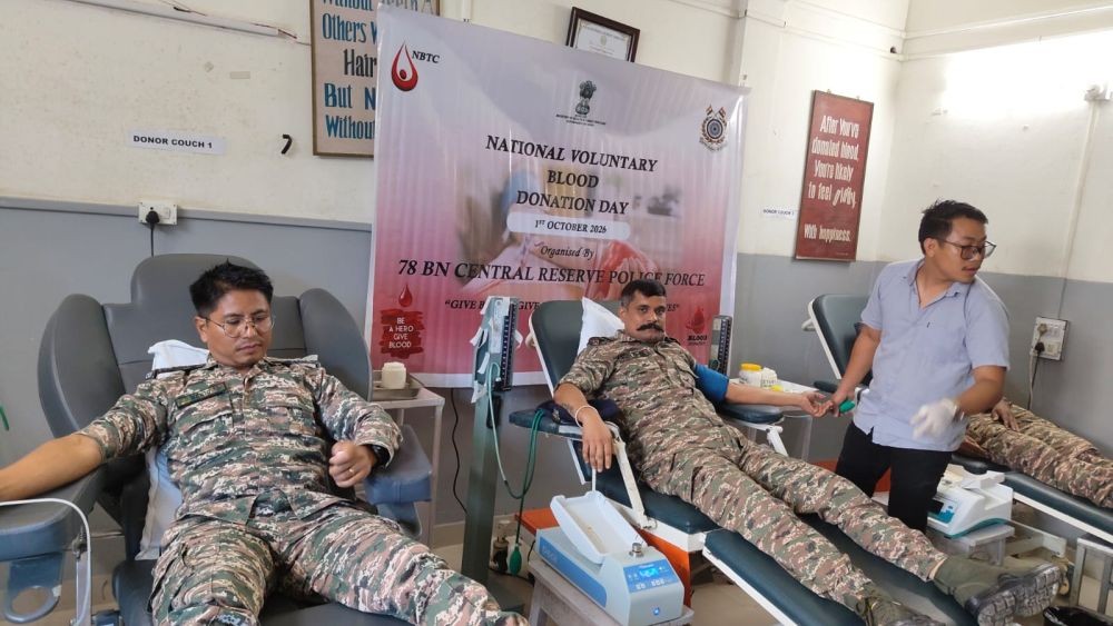 Personnel of the 78 Bn CRPF donating blood during the voluntary blood donation camp organized on the occasion of National Voluntary Blood Donation Day at the Blood Centre, Naga Hospital Authority Kohima (NHAK) on October 1.